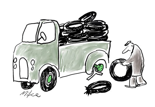 Illustrasjon av mann som laster dekk på en bil