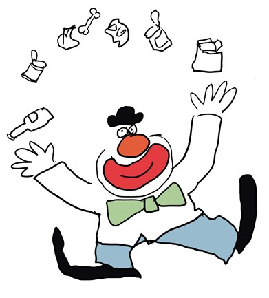 Illustrasjon av klovn som sjonglerer med søppel.